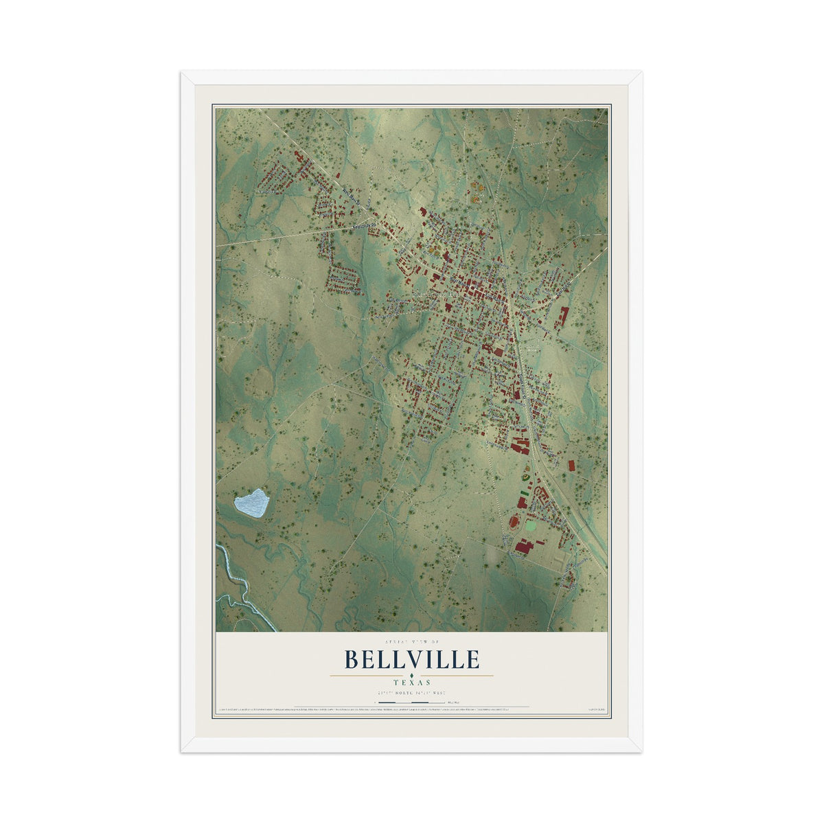 Map of Bellville, Texas, 12 x 18 inch print in a white wood frame