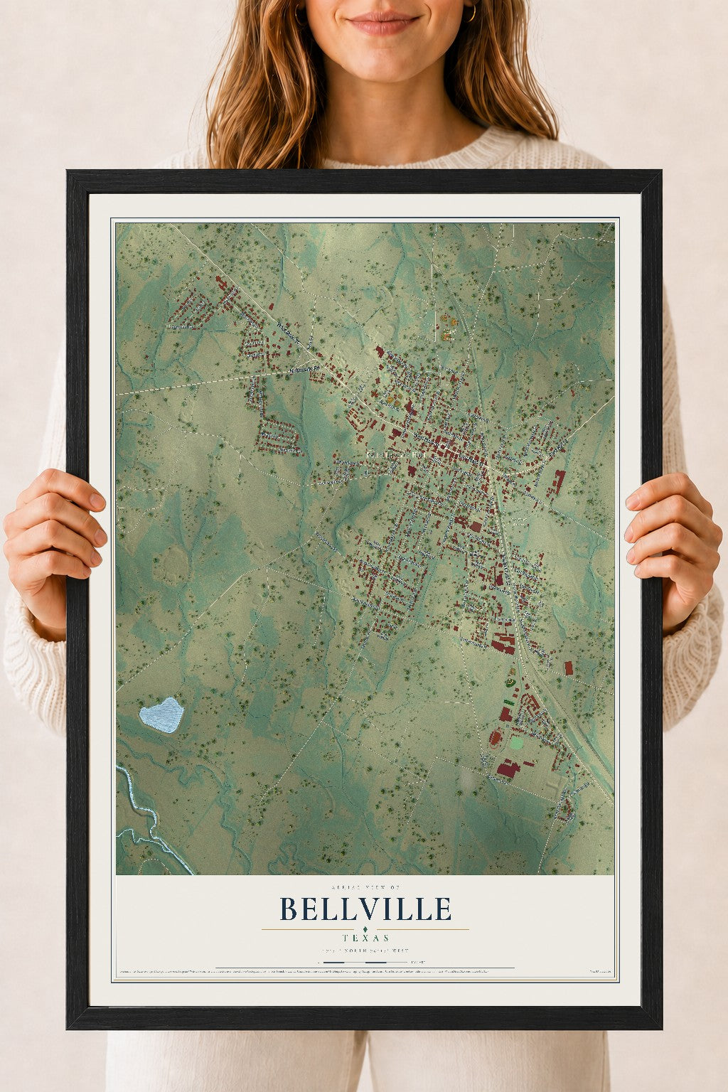 Map of Bellville, Texas, 18 x 24 inch print in a black wood frame