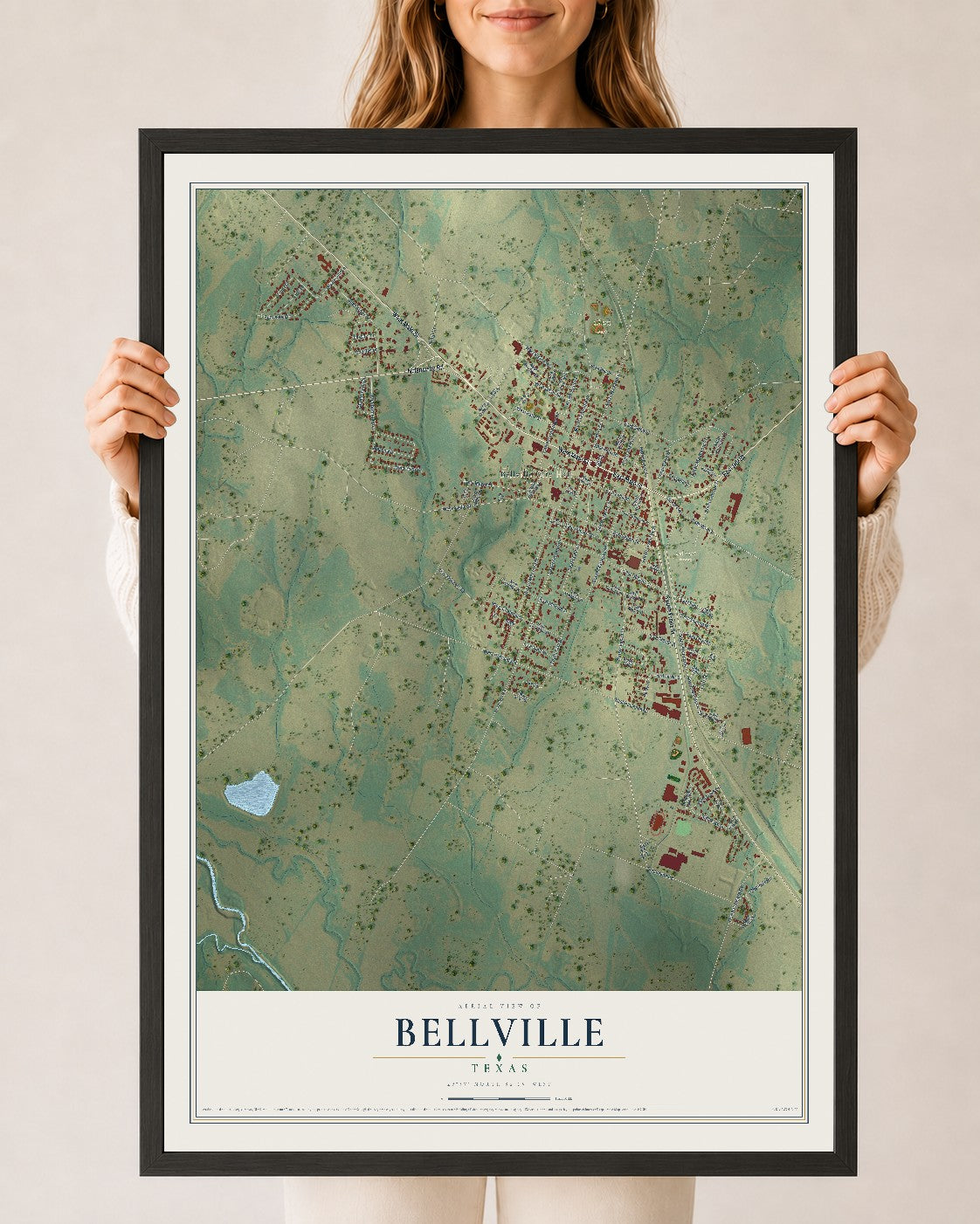 Map of Bellville, Texas, 24 x 36 inch print in a black wood frame