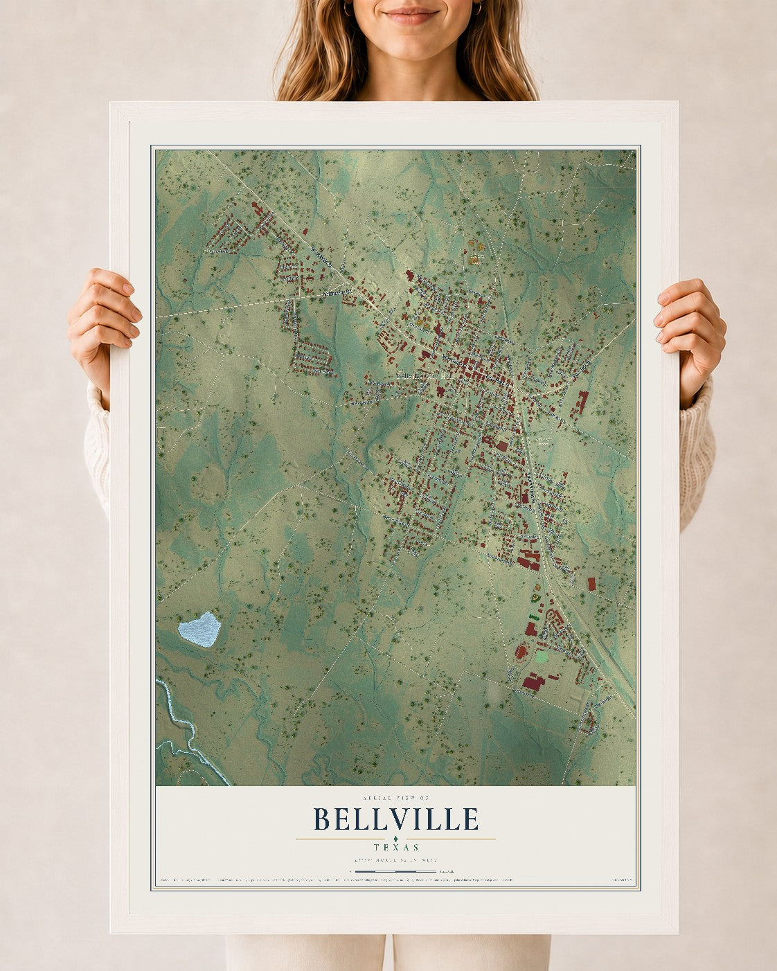 Map of Bellville, Texas, 24 x 36 inch print in a white wood frame