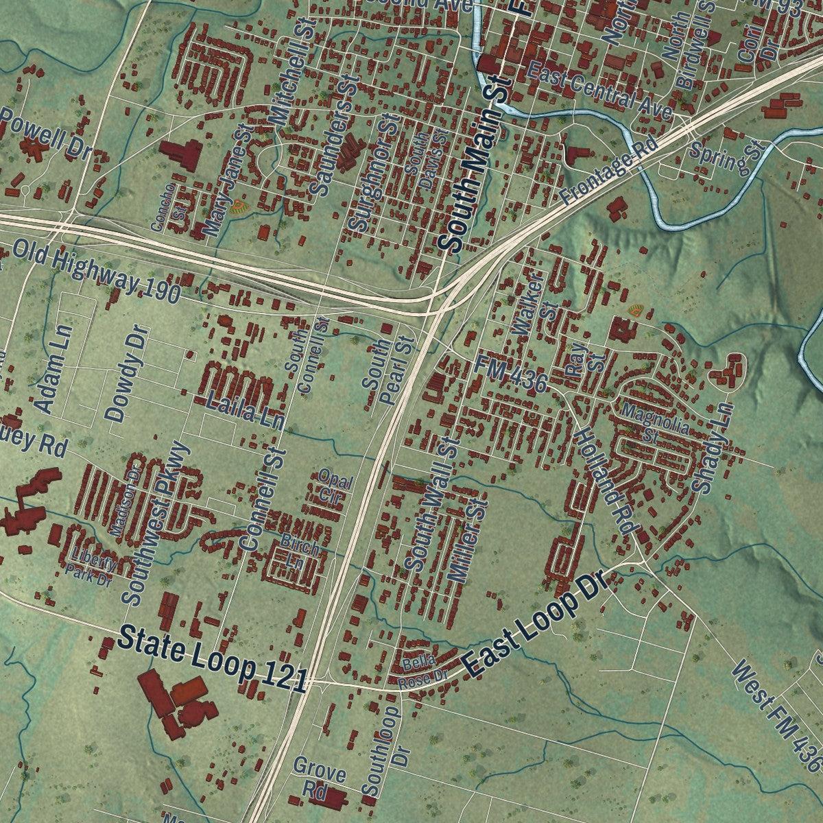 Close-up of the map of Belton, Texas print showing street and building detail