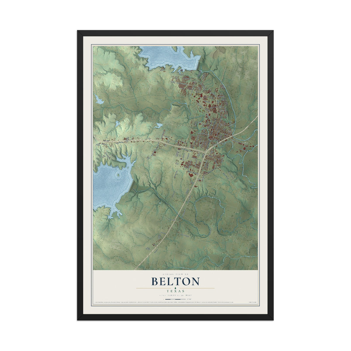 Map of Belton, Texas, 12 x 18 inch print in a black wood frame