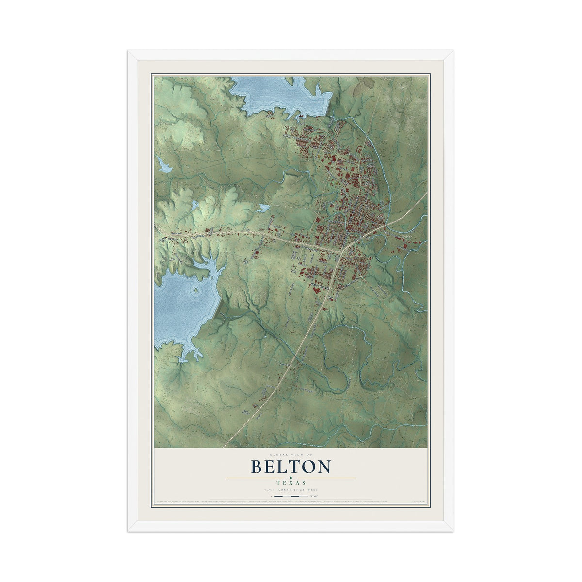 Map of Belton, Texas, 12 x 18 inch print in a white wood frame