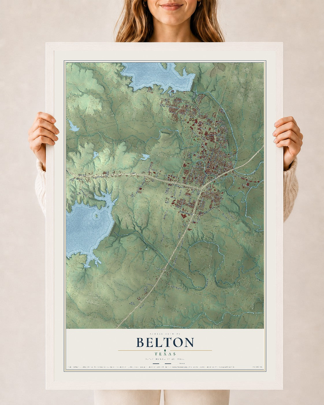 Map of Belton, Texas, 24 x 36 inch print in a white wood frame
