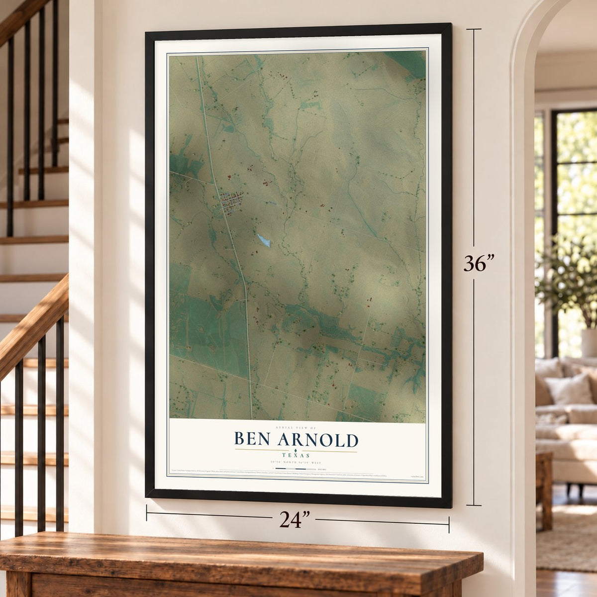 Ben Arnold, Texas map, 24 x 36 inch print in a black frame by a staircase