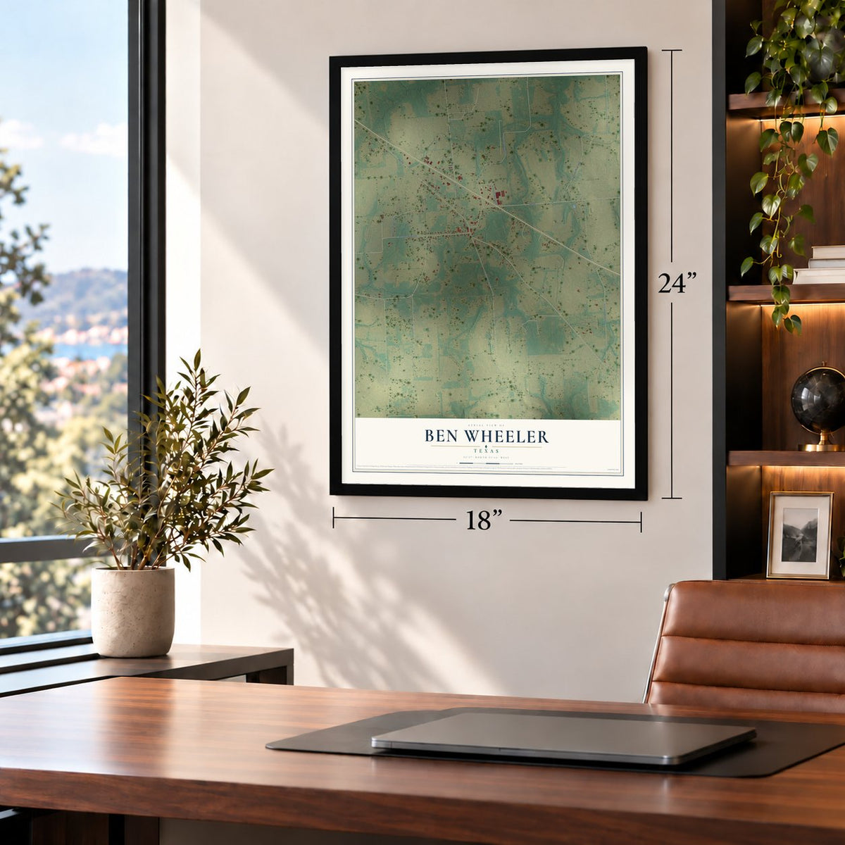 Ben Wheeler, Texas map, 18 x 24 inch print in a black frame in a home office