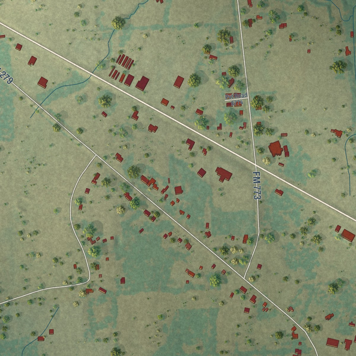 Close-up of the map of Ben Wheeler, Texas print showing street and building detail