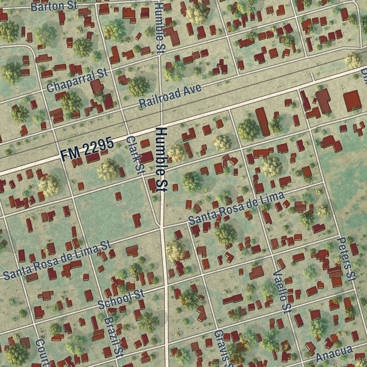 Close-up of the map of Benavides, Texas print showing street and building detail