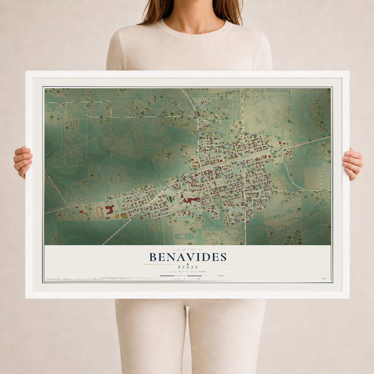 Map of Benavides, Texas, 24 x 36 inch print in a white wood frame