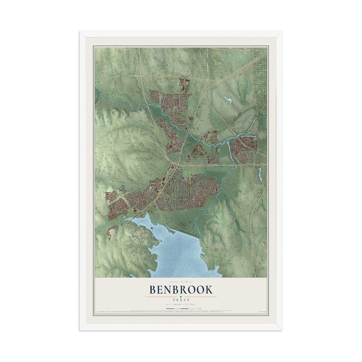 Map of Benbrook, Texas, 12 x 18 inch print in a white wood frame
