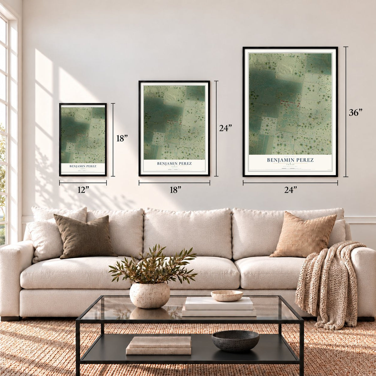Benjamin Perez, Texas map in 12 x 18, 18 x 24 and 24 x 36 inch sizes above a sofa