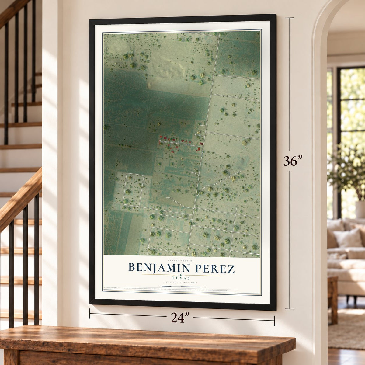 Benjamin Perez, Texas map, 24 x 36 inch print in a black frame by a staircase