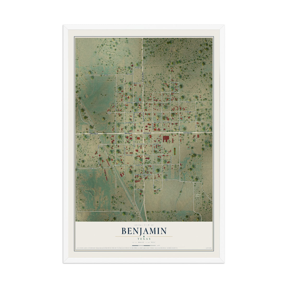 Map of Benjamin, Texas, 12 x 18 inch print in a white wood frame