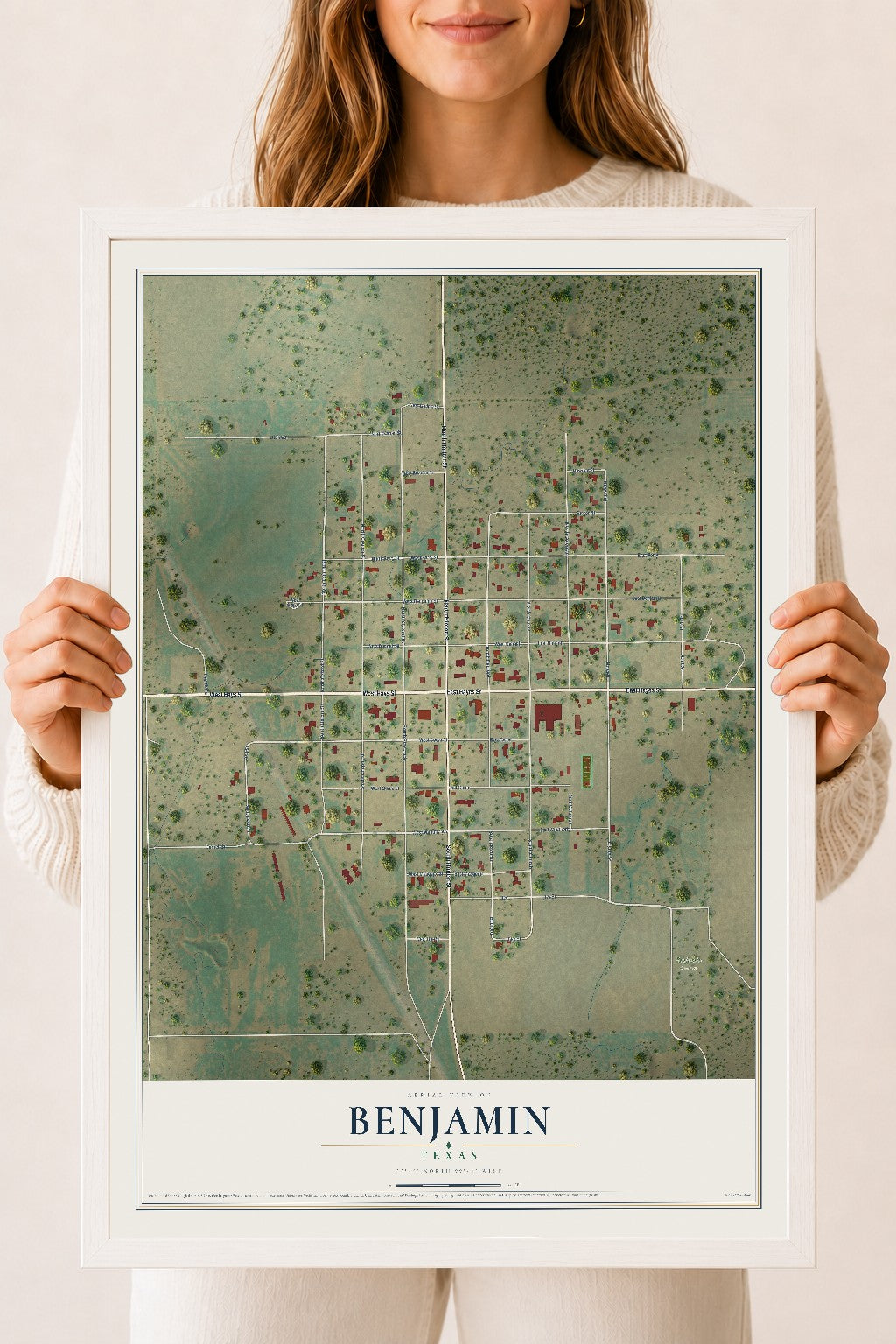 Map of Benjamin, Texas, 18 x 24 inch print in a white wood frame