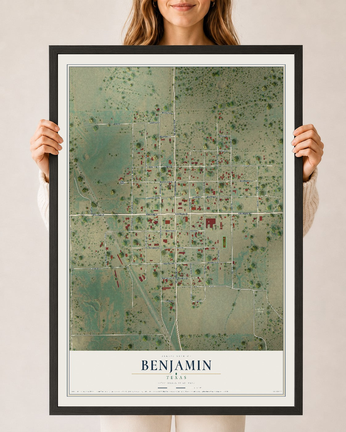 Map of Benjamin, Texas, 24 x 36 inch print in a black wood frame