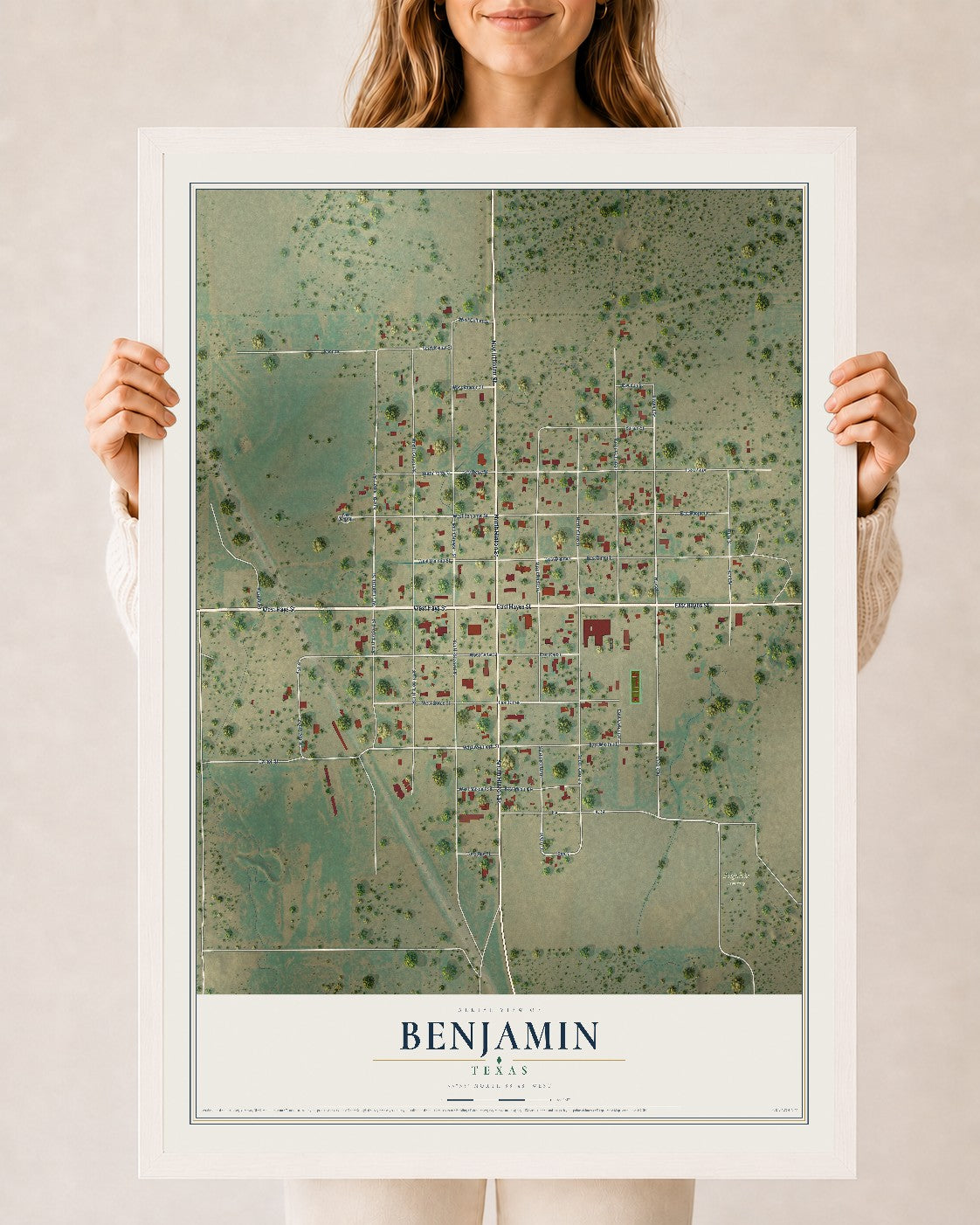 Map of Benjamin, Texas, 24 x 36 inch print in a white wood frame