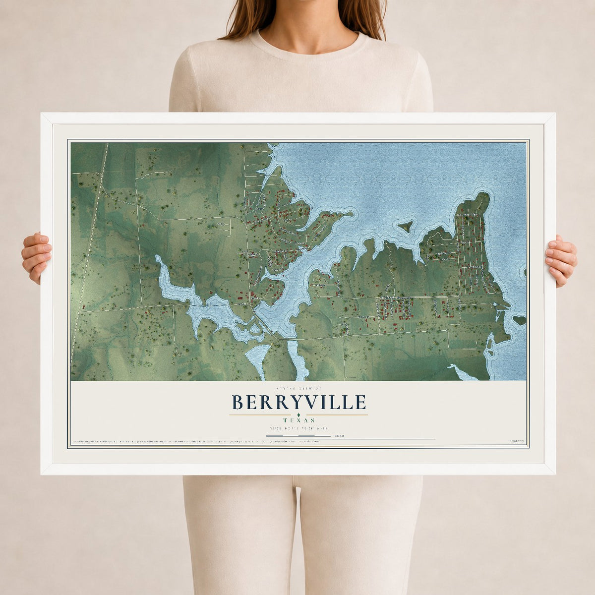 Map of Berryville, Texas, 24 x 36 inch print in a white wood frame
