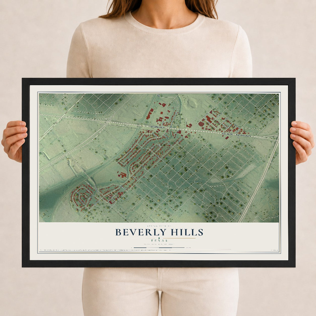 Map of Beverly Hills, Texas, 12 x 18 inch print in a black wood frame