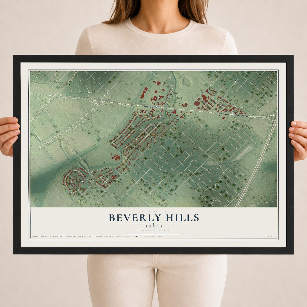 Map of Beverly Hills, Texas, 18 x 24 inch print in a black wood frame