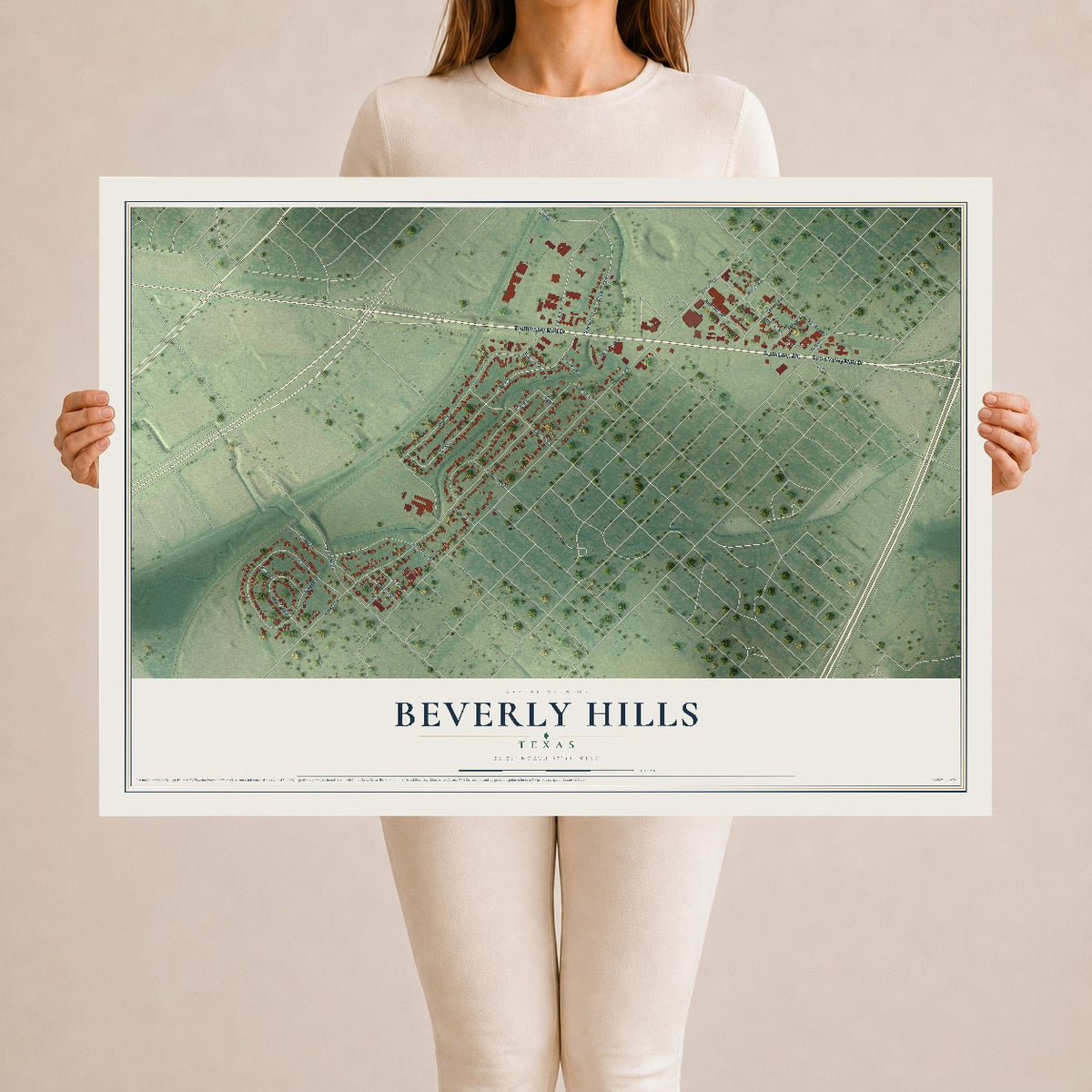 Map of Beverly Hills, Texas, 24 x 36 inch unframed archival matte print
