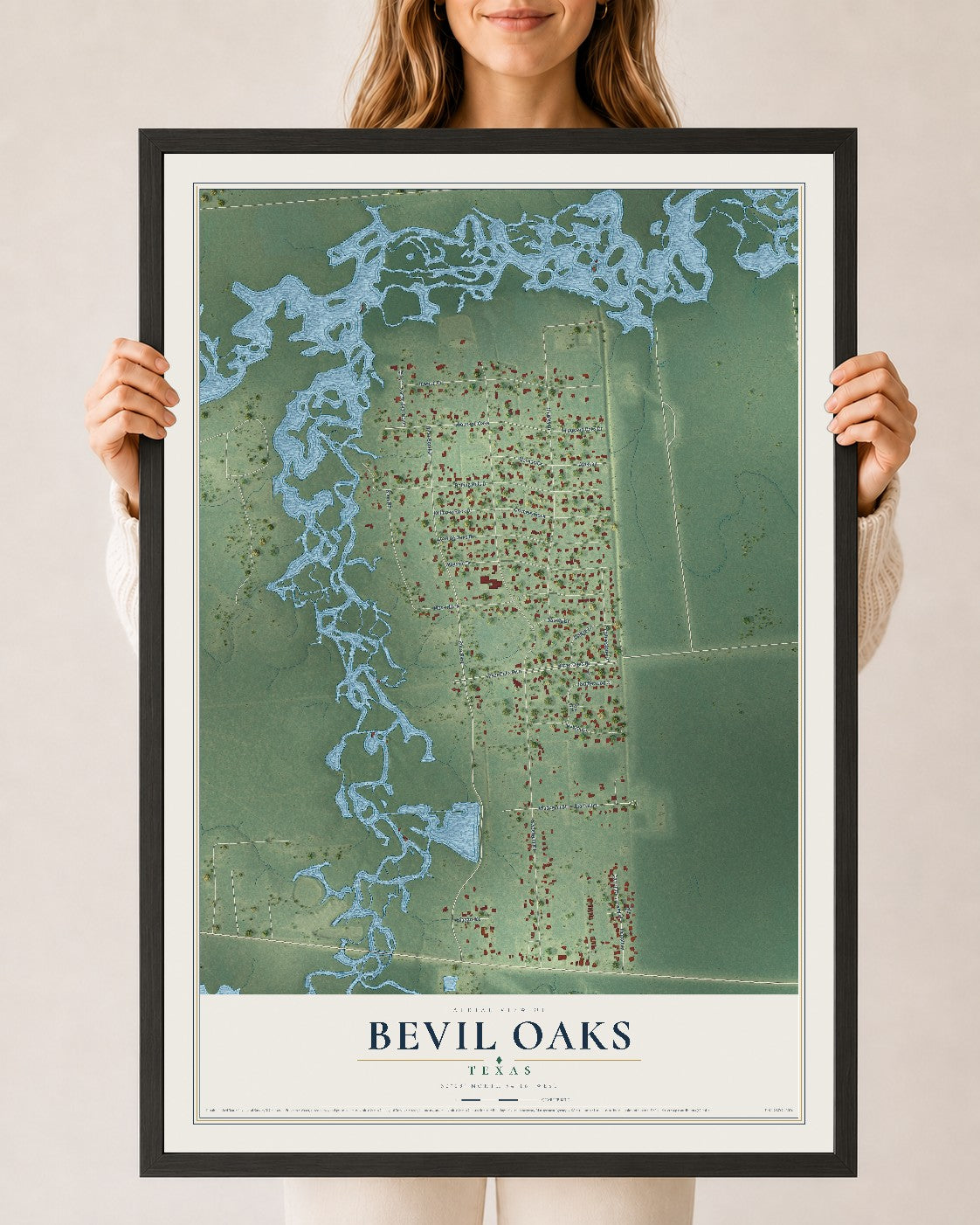Map of Bevil Oaks, Texas, 24 x 36 inch print in a black wood frame