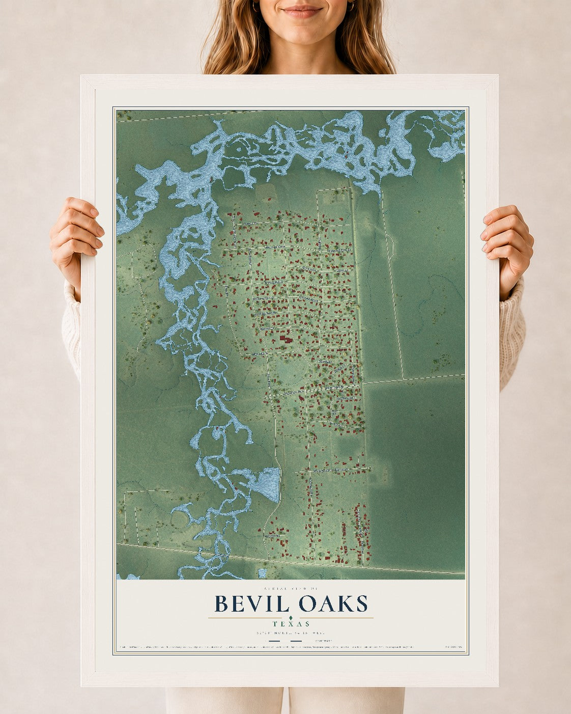 Map of Bevil Oaks, Texas, 24 x 36 inch print in a white wood frame