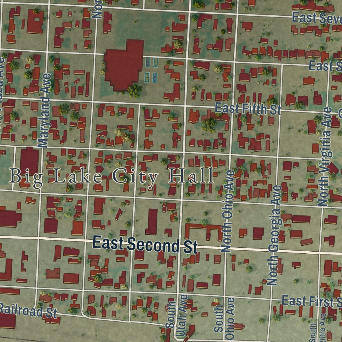 Close-up of the map of Big Lake, Texas print showing street and building detail