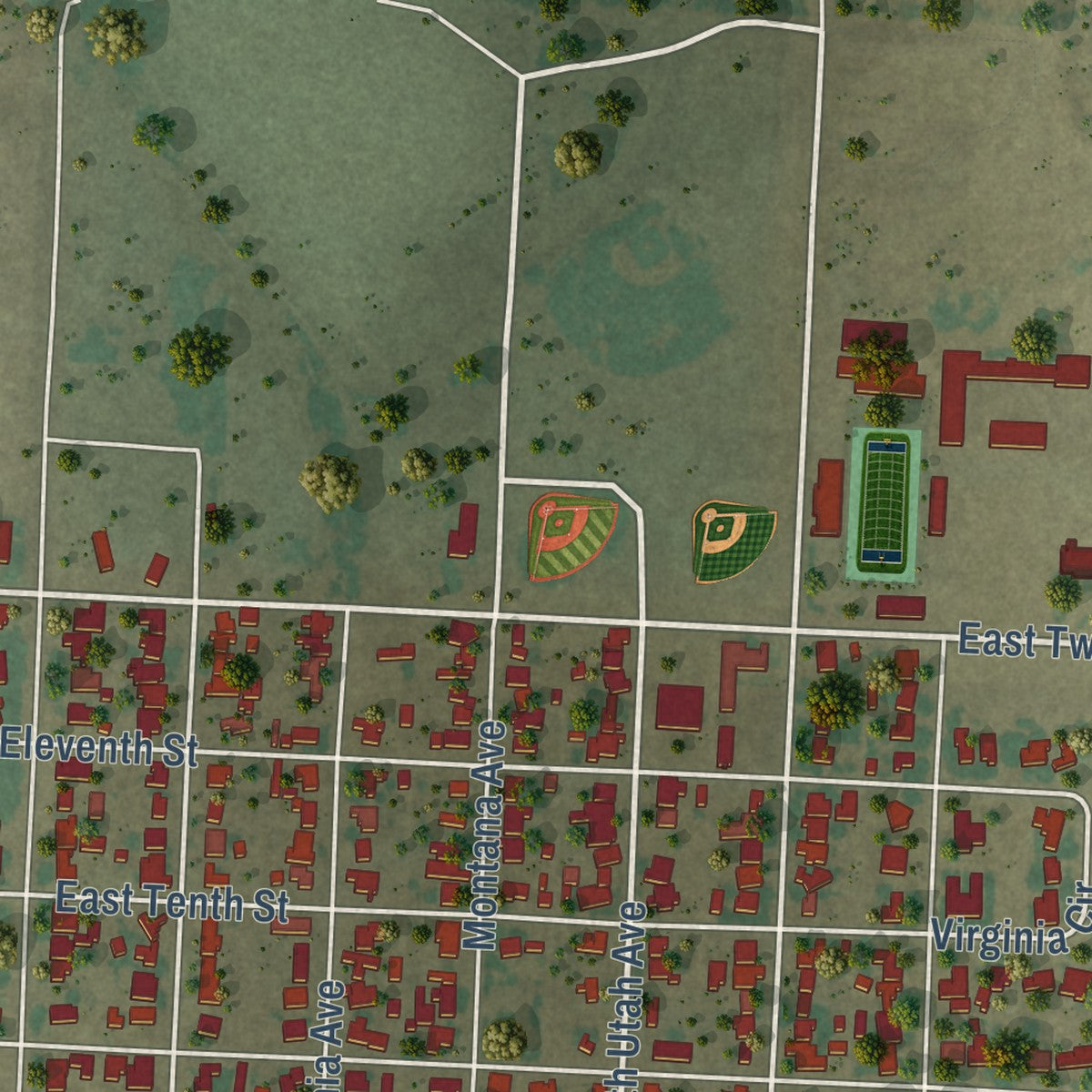 Second close-up of the map of Big Lake, Texas print showing more streets and buildings