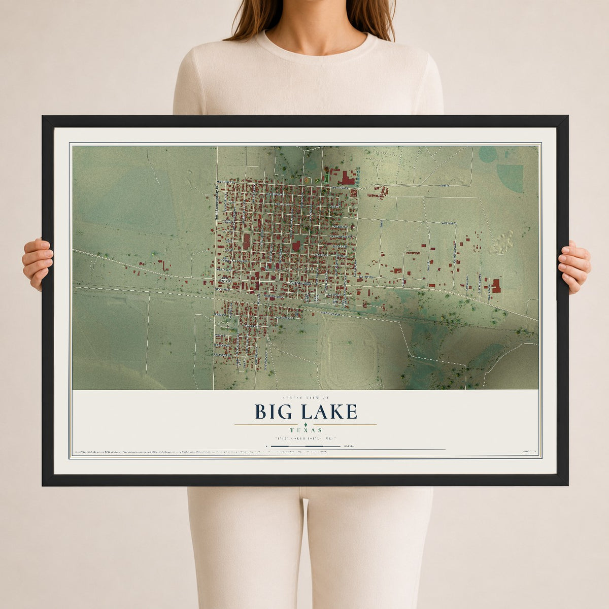 Map of Big Lake, Texas, 24 x 36 inch print in a black wood frame