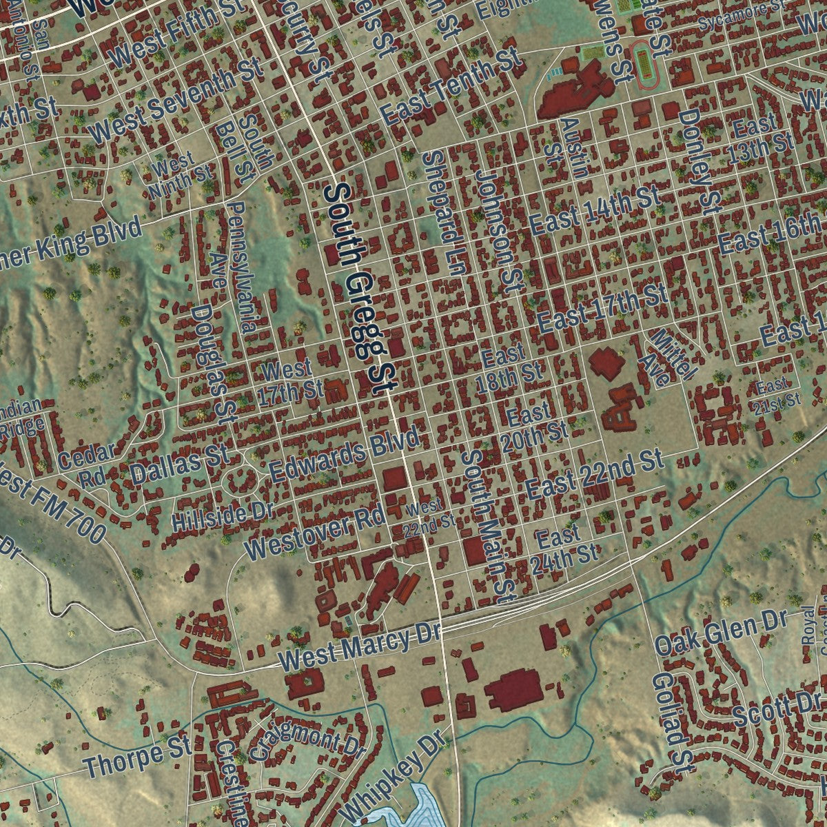 Close-up of the map of Big Spring, Texas print showing street and building detail