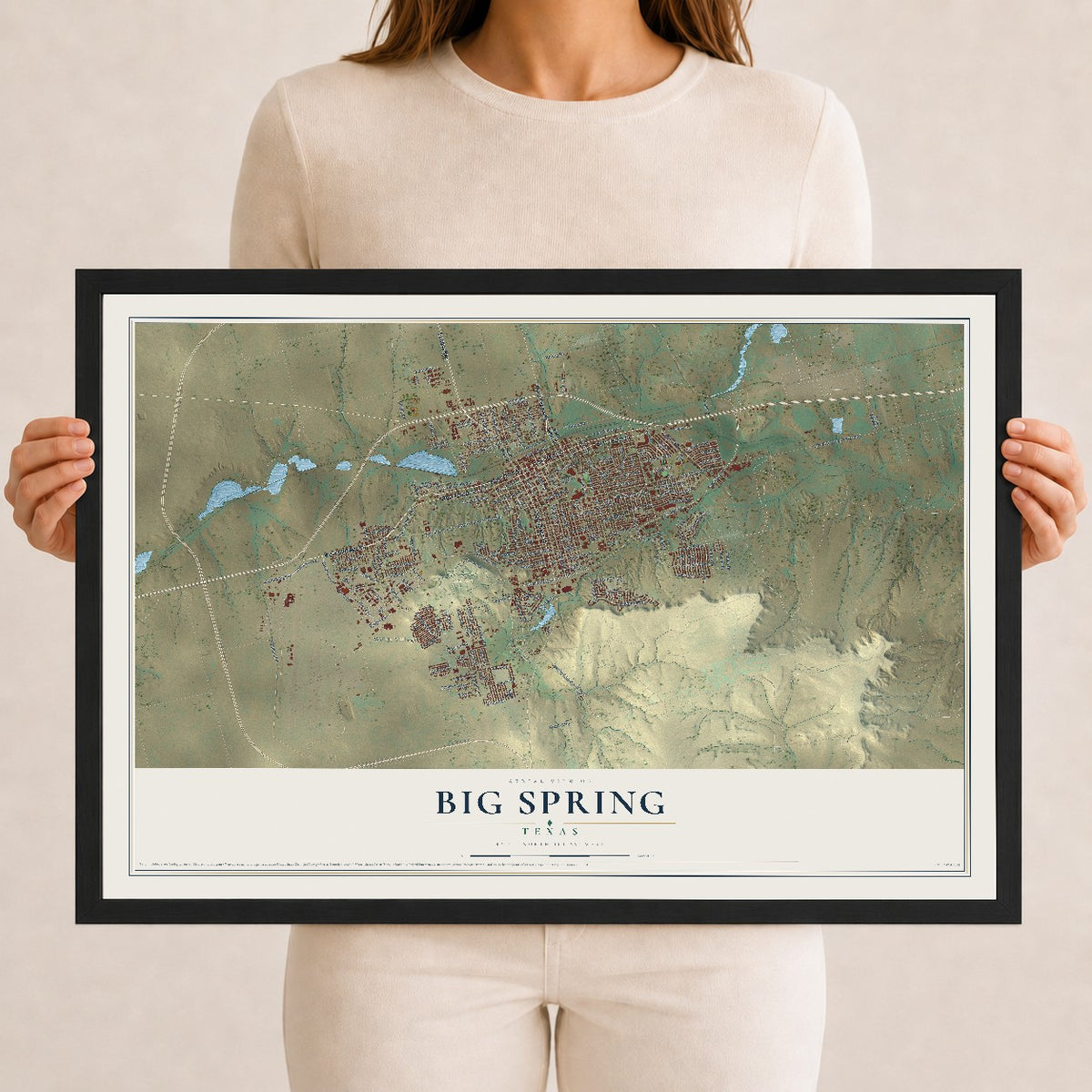 Map of Big Spring, Texas, 12 x 18 inch print in a black wood frame