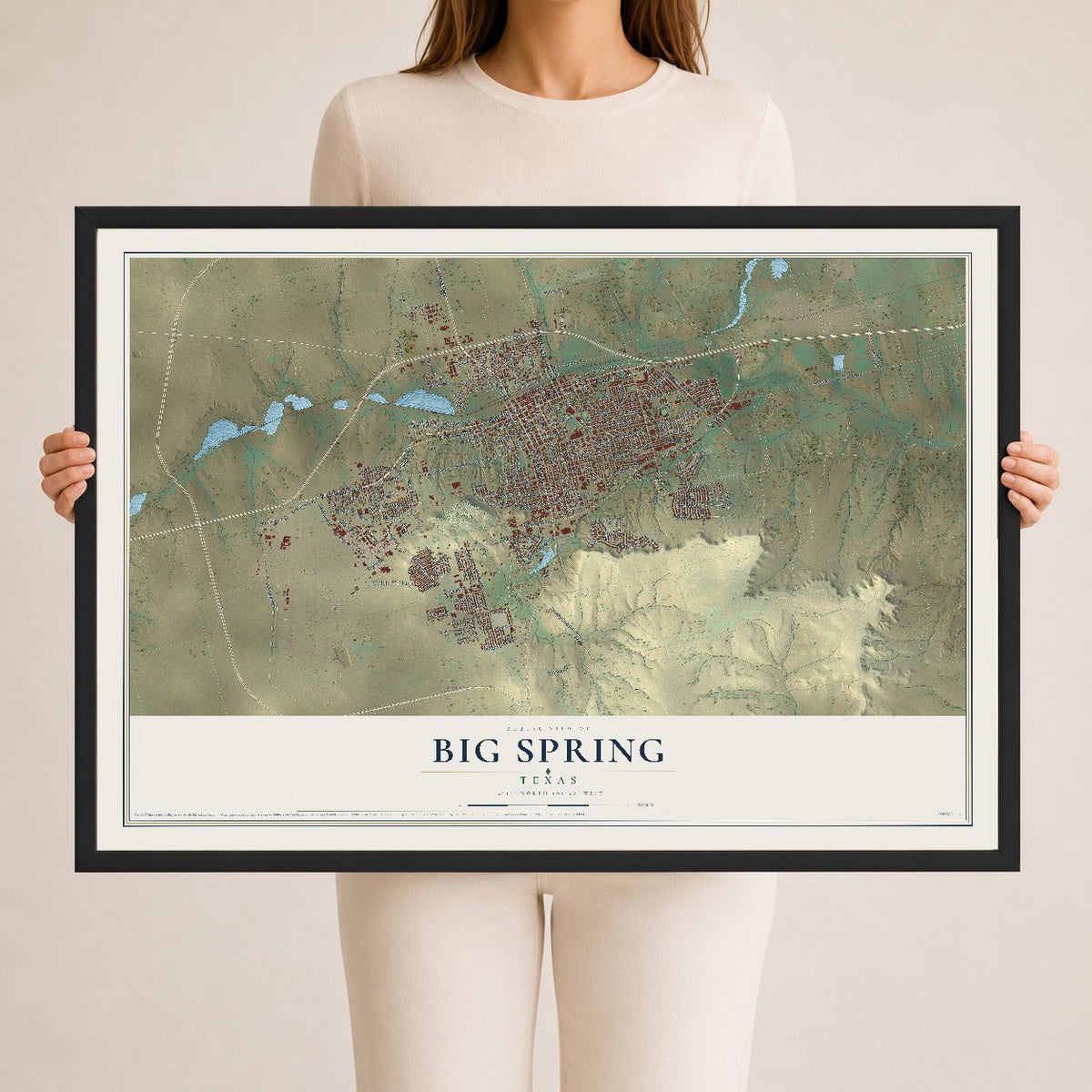 Map of Big Spring, Texas, 24 x 36 inch print in a black wood frame