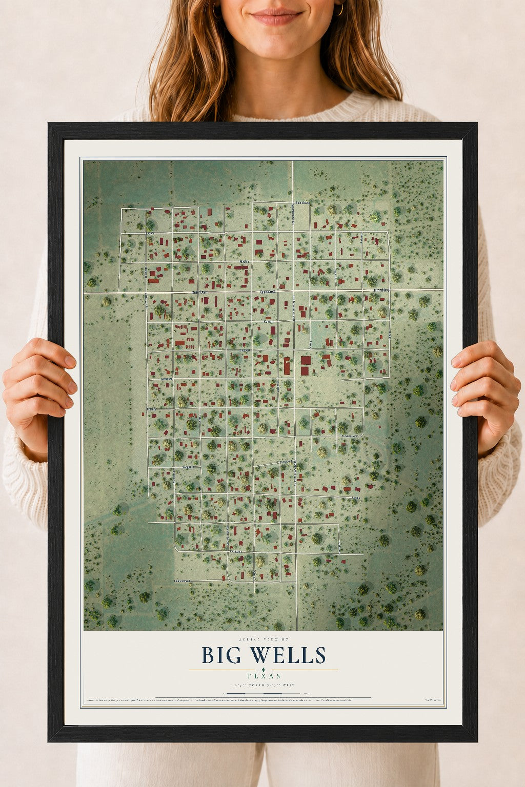 Map of Big Wells, Texas, 18 x 24 inch print in a black wood frame