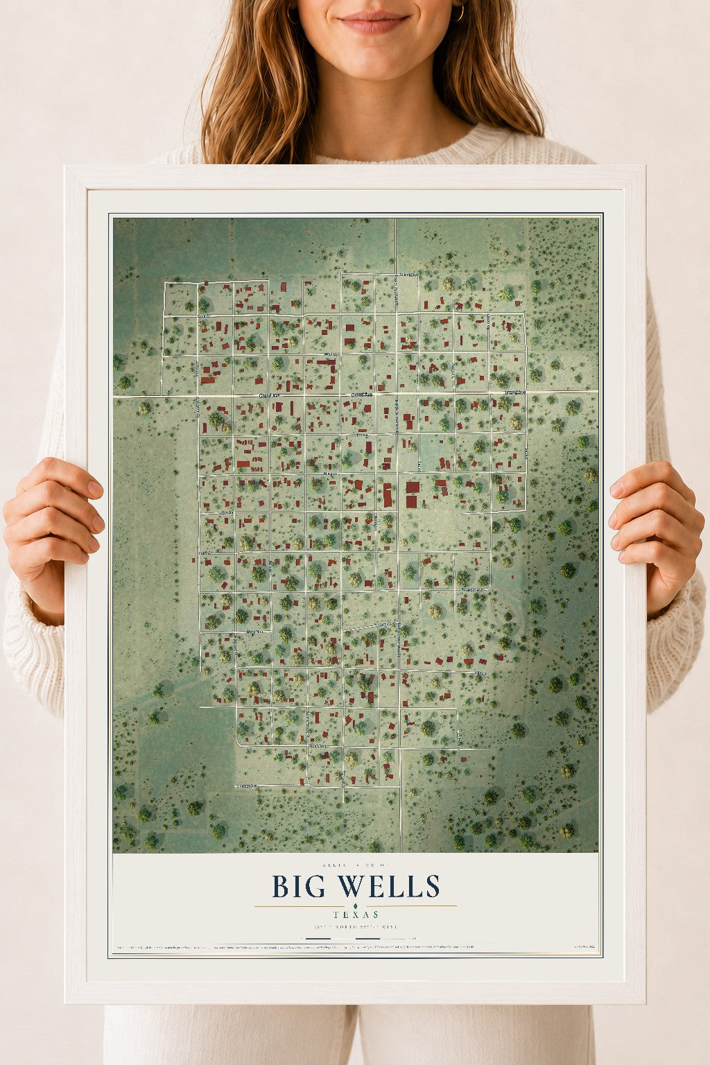Map of Big Wells, Texas, 18 x 24 inch print in a white wood frame