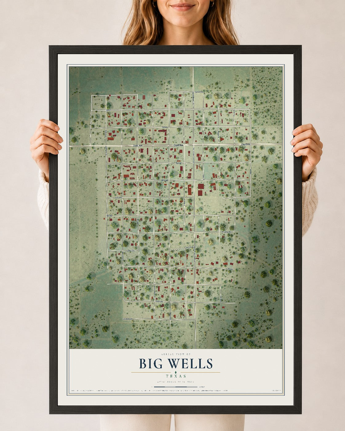 Map of Big Wells, Texas, 24 x 36 inch print in a black wood frame