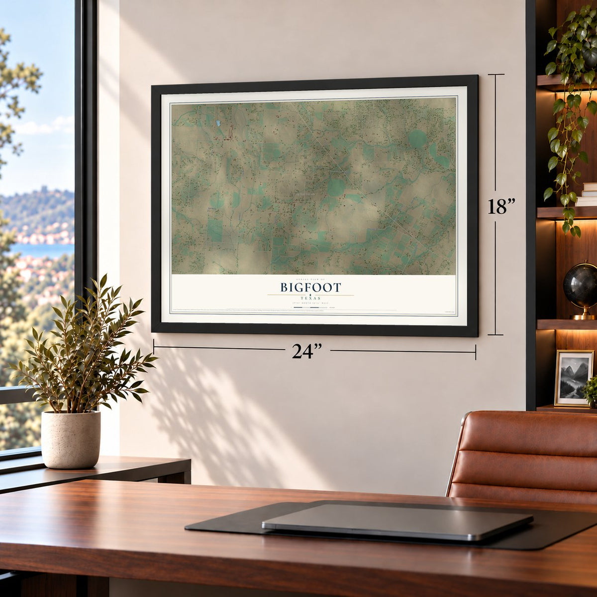 Bigfoot, Texas map, 18 x 24 inch print in a black frame in a home office