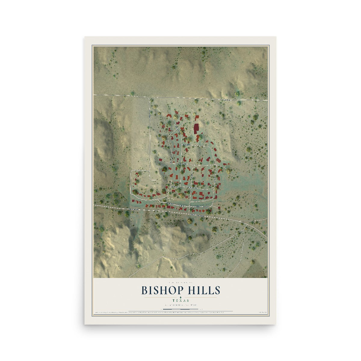 Map of Bishop Hills, Texas, 12 x 18 inch unframed archival matte print