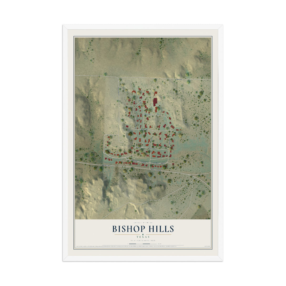 Map of Bishop Hills, Texas, 12 x 18 inch print in a white wood frame