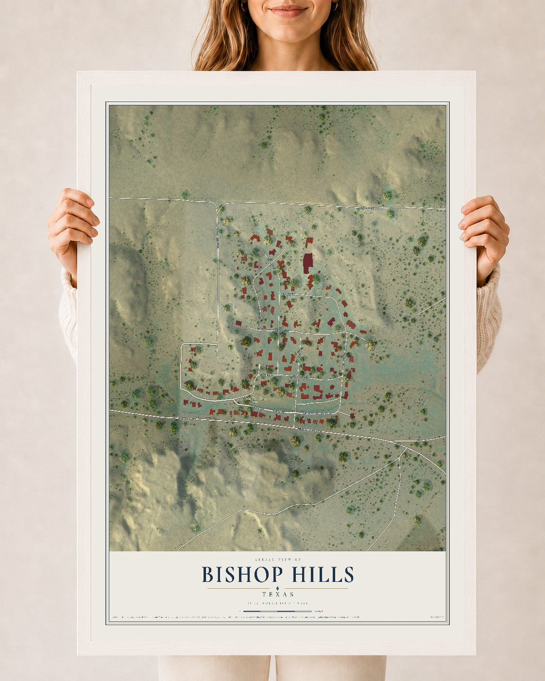 Map of Bishop Hills, Texas, 24 x 36 inch print in a white wood frame
