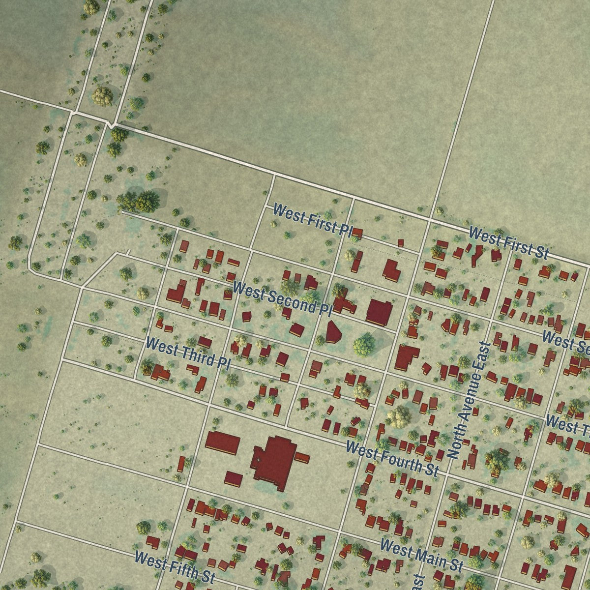 Second close-up of the map of Bishop, Texas print showing more streets and buildings
