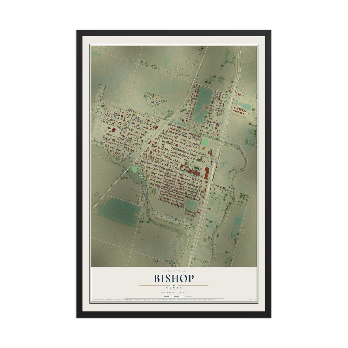 Map of Bishop, Texas, 12 x 18 inch print in a black wood frame