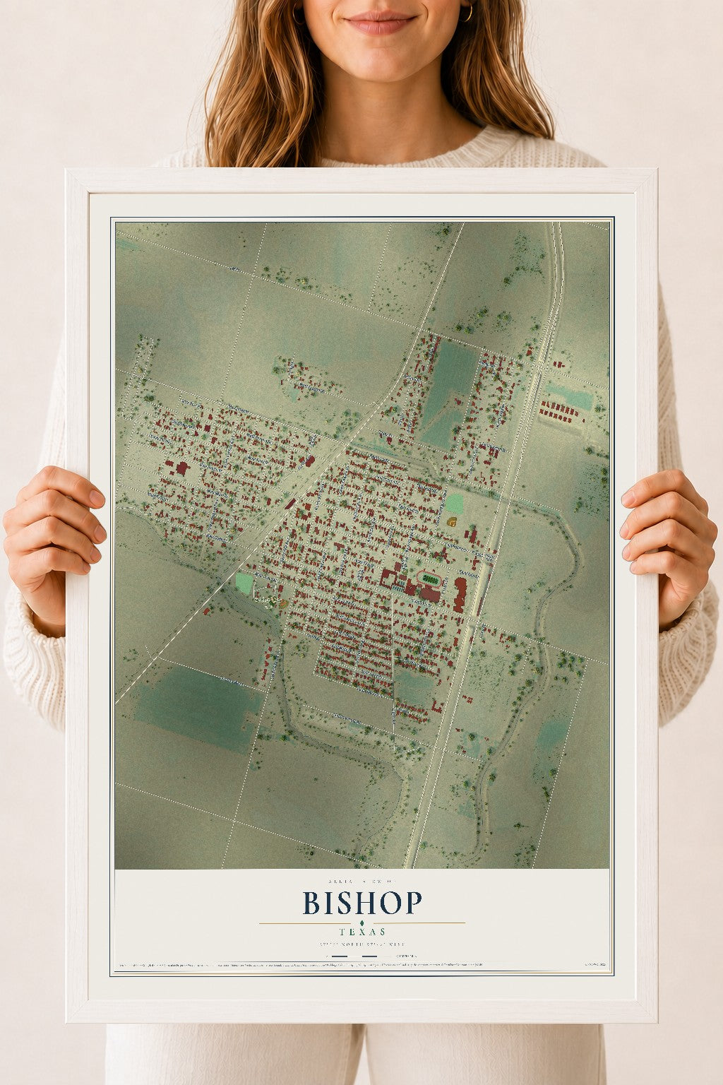 Map of Bishop, Texas, 18 x 24 inch print in a white wood frame