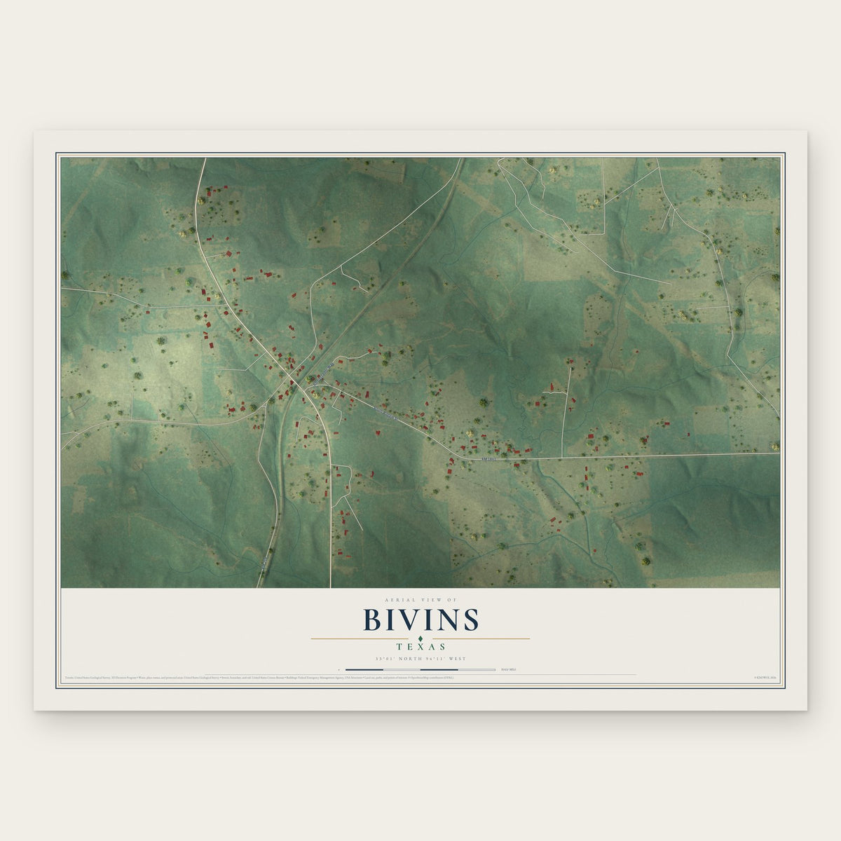 Bivins, Texas map print, the full design