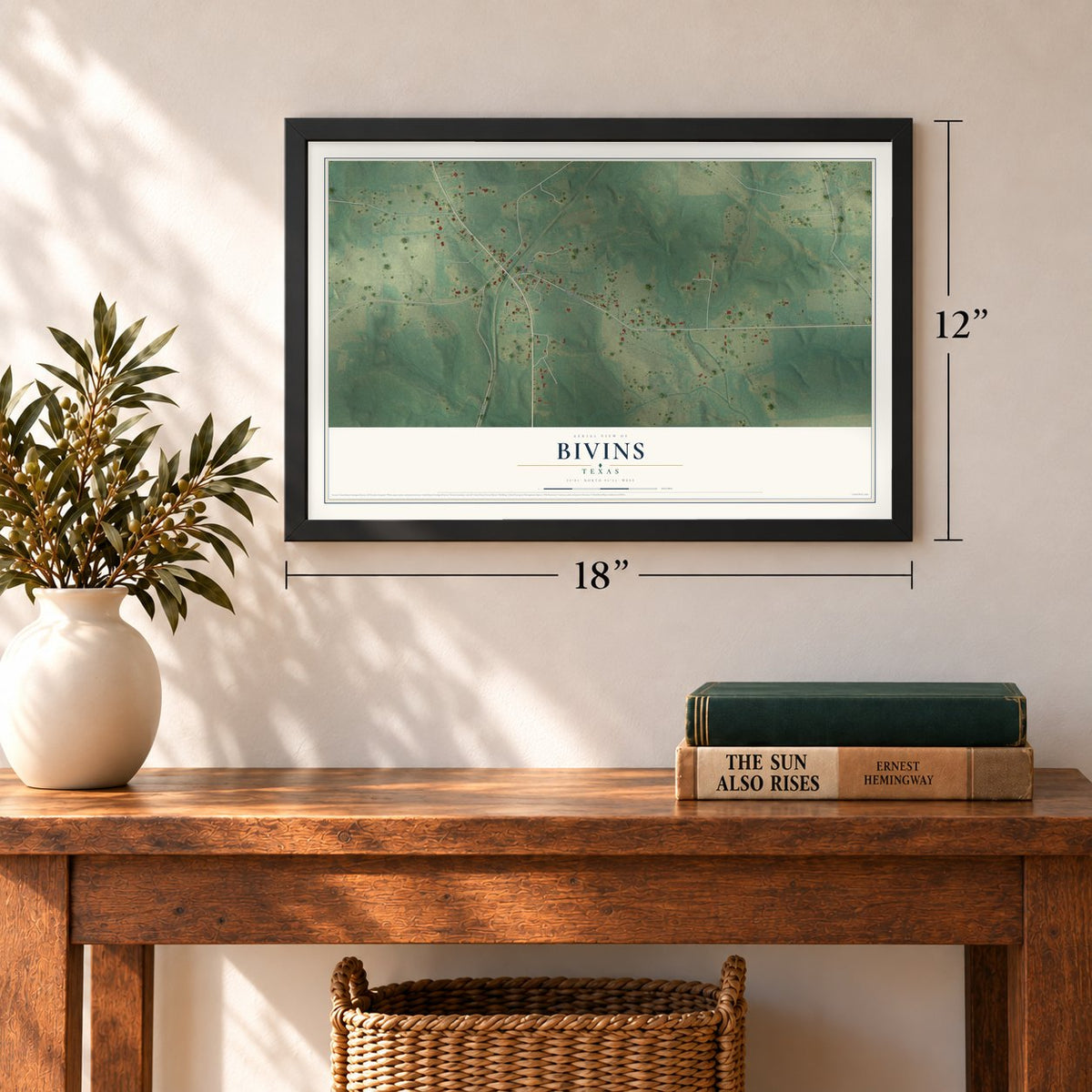Bivins, Texas map, 12 x 18 inch print in a black frame in an entryway