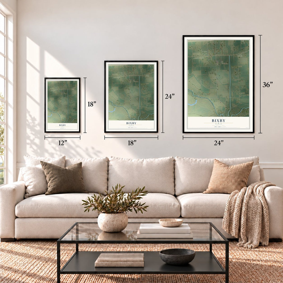 Bixby, Texas map in 12 x 18, 18 x 24 and 24 x 36 inch sizes above a sofa