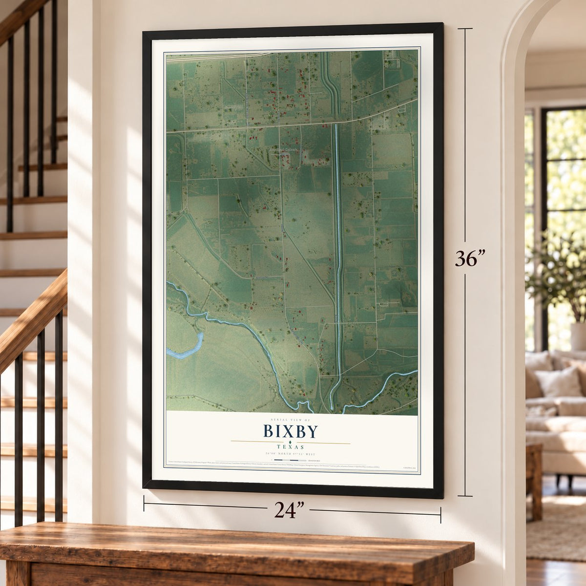 Bixby, Texas map, 24 x 36 inch print in a black frame by a staircase