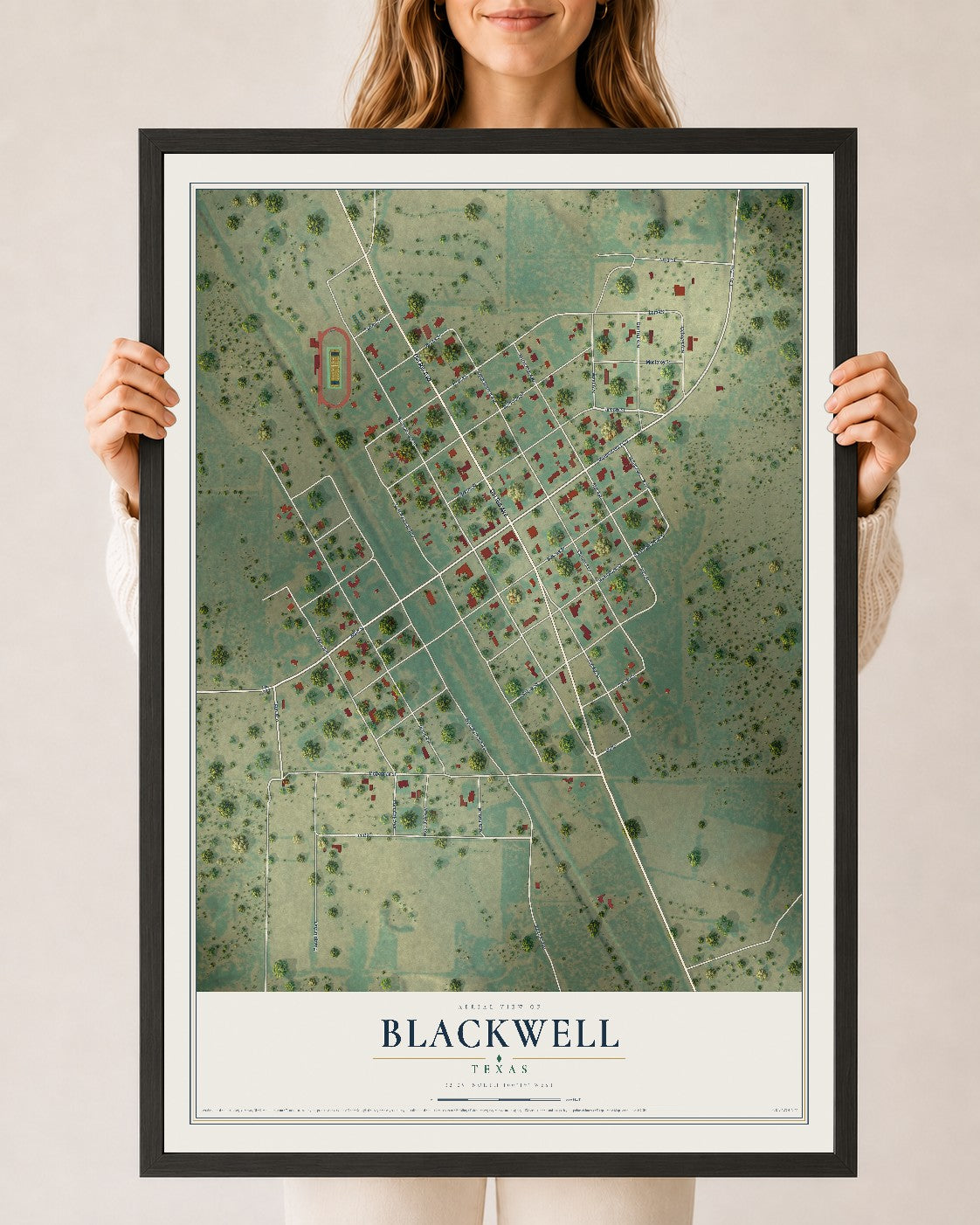 Map of Blackwell, Texas, 24 x 36 inch print in a black wood frame