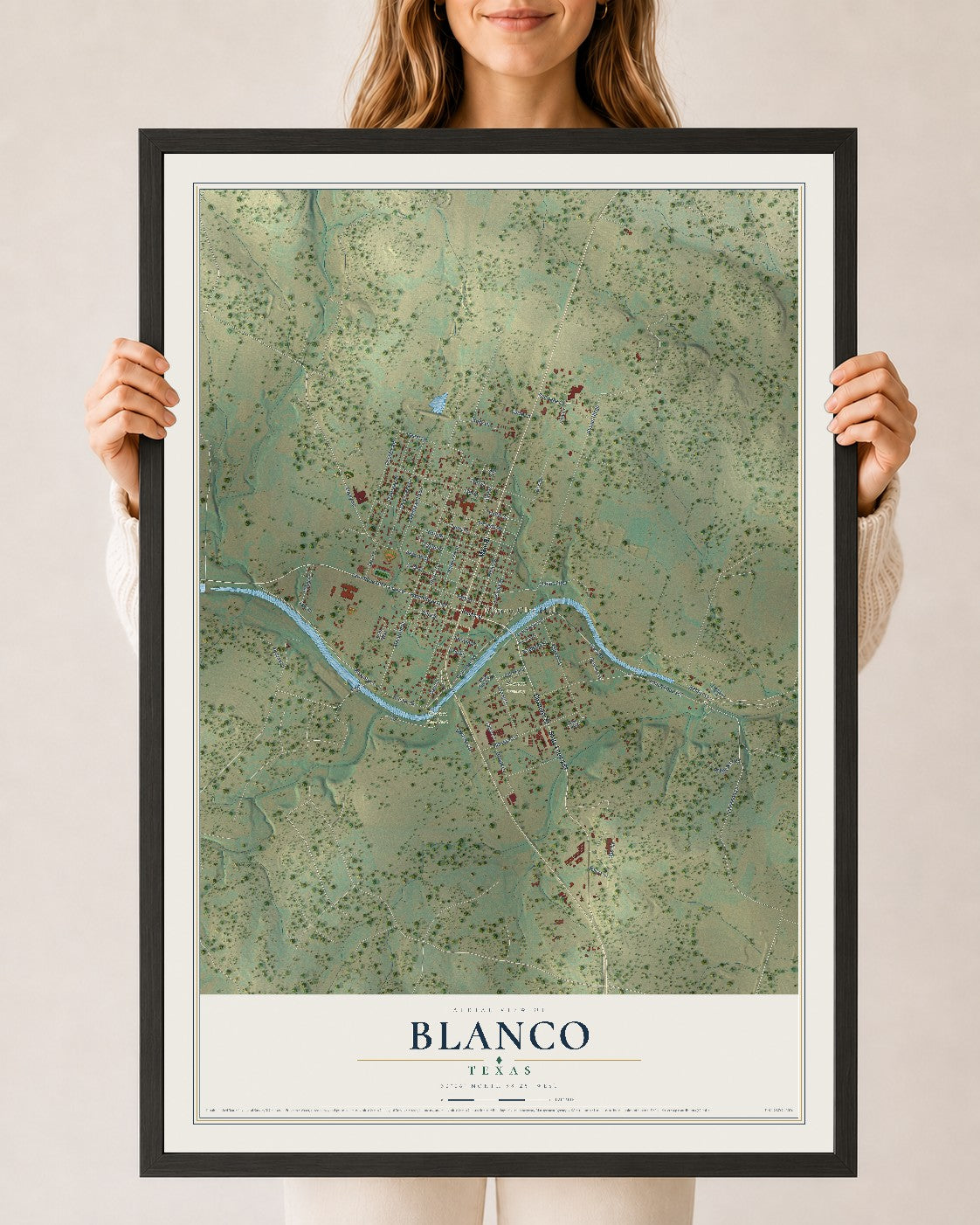 Map of Blanco, Texas, 24 x 36 inch print in a black wood frame