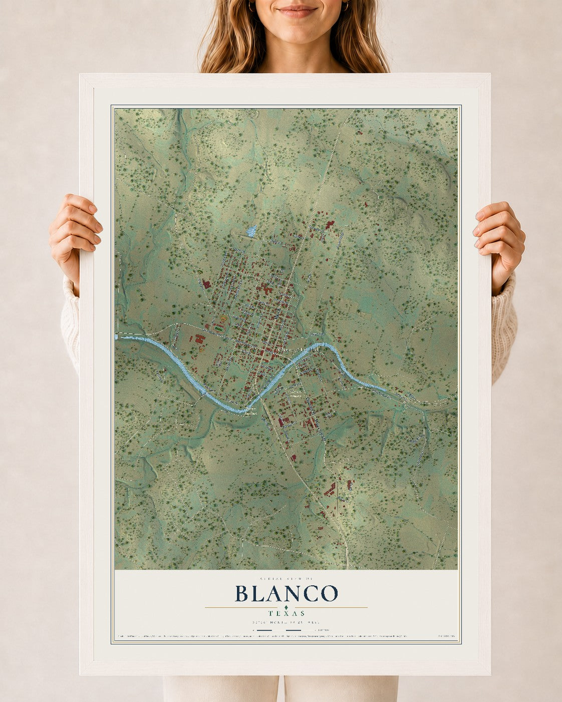 Map of Blanco, Texas, 24 x 36 inch print in a white wood frame