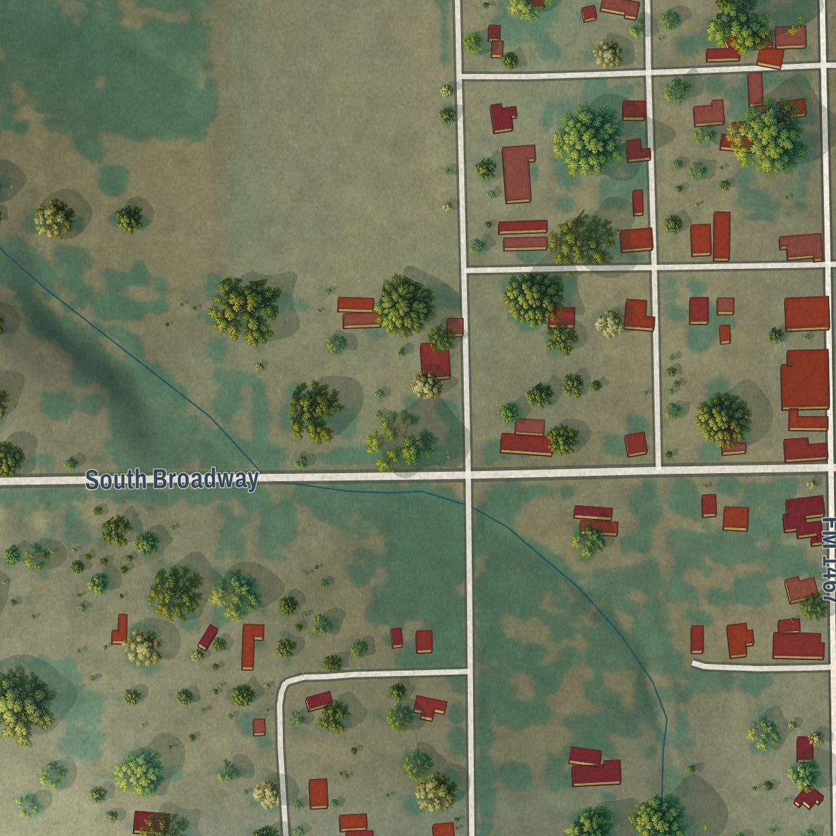 Second close-up of the map of Blanket, Texas print showing more streets and buildings